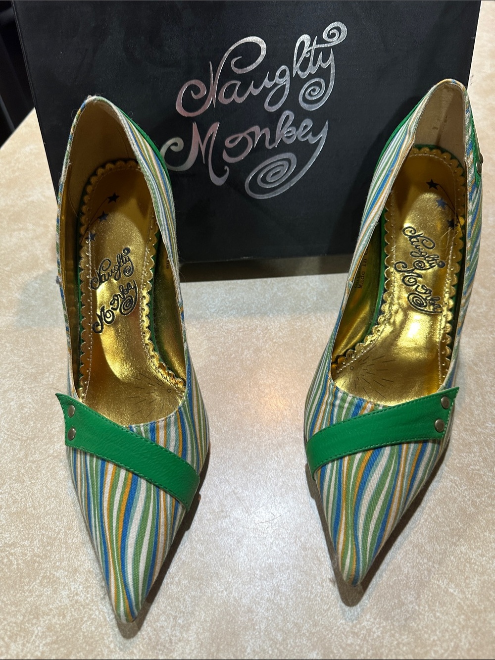 naughty monkey Striped Pointed Pumps with Green Strap